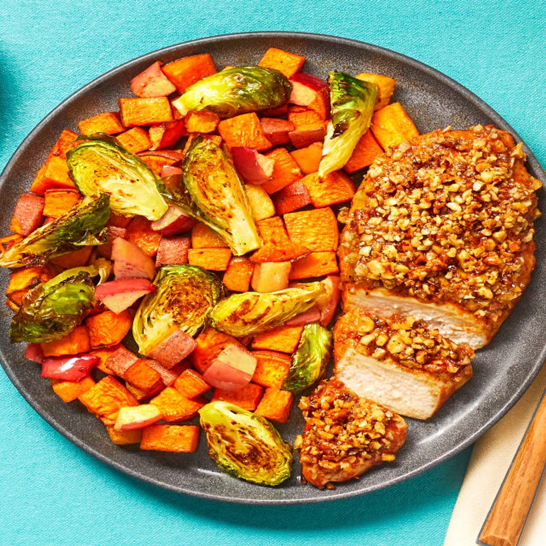Pecan & Walnut-Crusted Chicken with BBQ-Spiced Sweet Potato, Brussels Sprouts & Apple