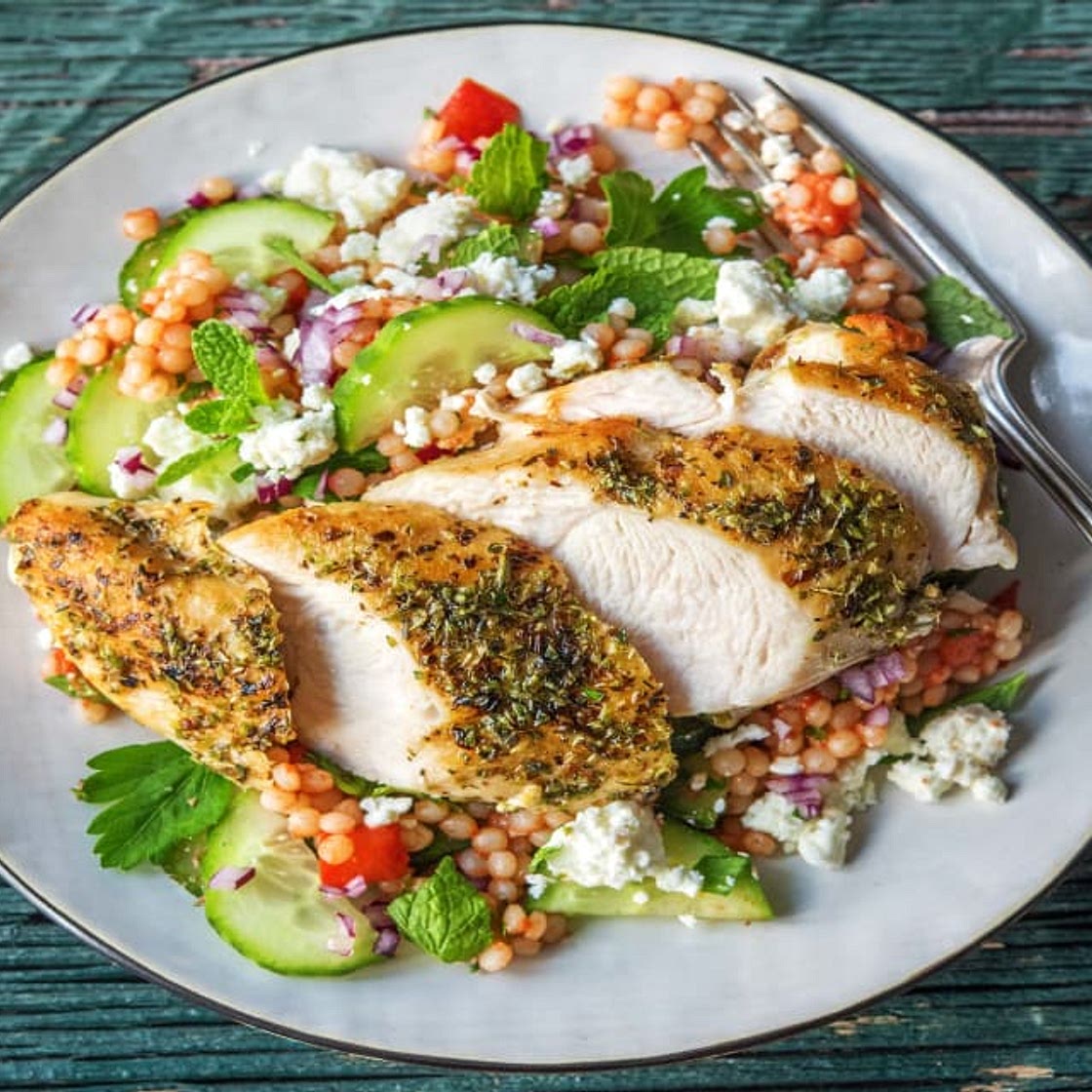 Mediterranean Chicken with Herbed Fetta Pearl Couscous