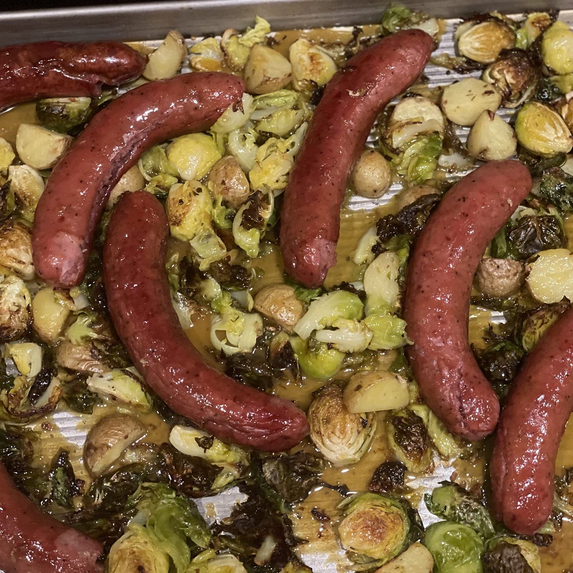 One Pan Dinner - Sausages and Brussel Sprouts with Honey Mustard