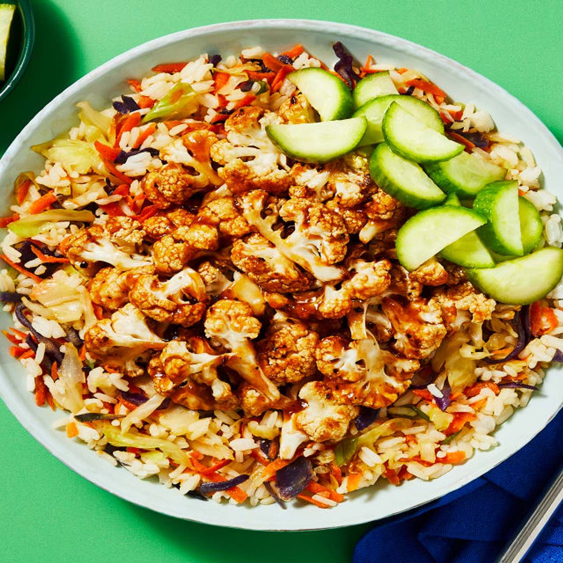 Sweet Heat Shrimp & Cauli Bowls with Cabbage-Carrot Rice & Pickled Cucumber