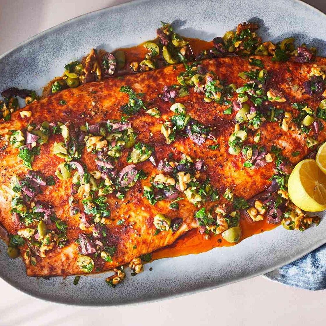Slow-Roasted Salmon with Walnut-Olive Vinaigrette
