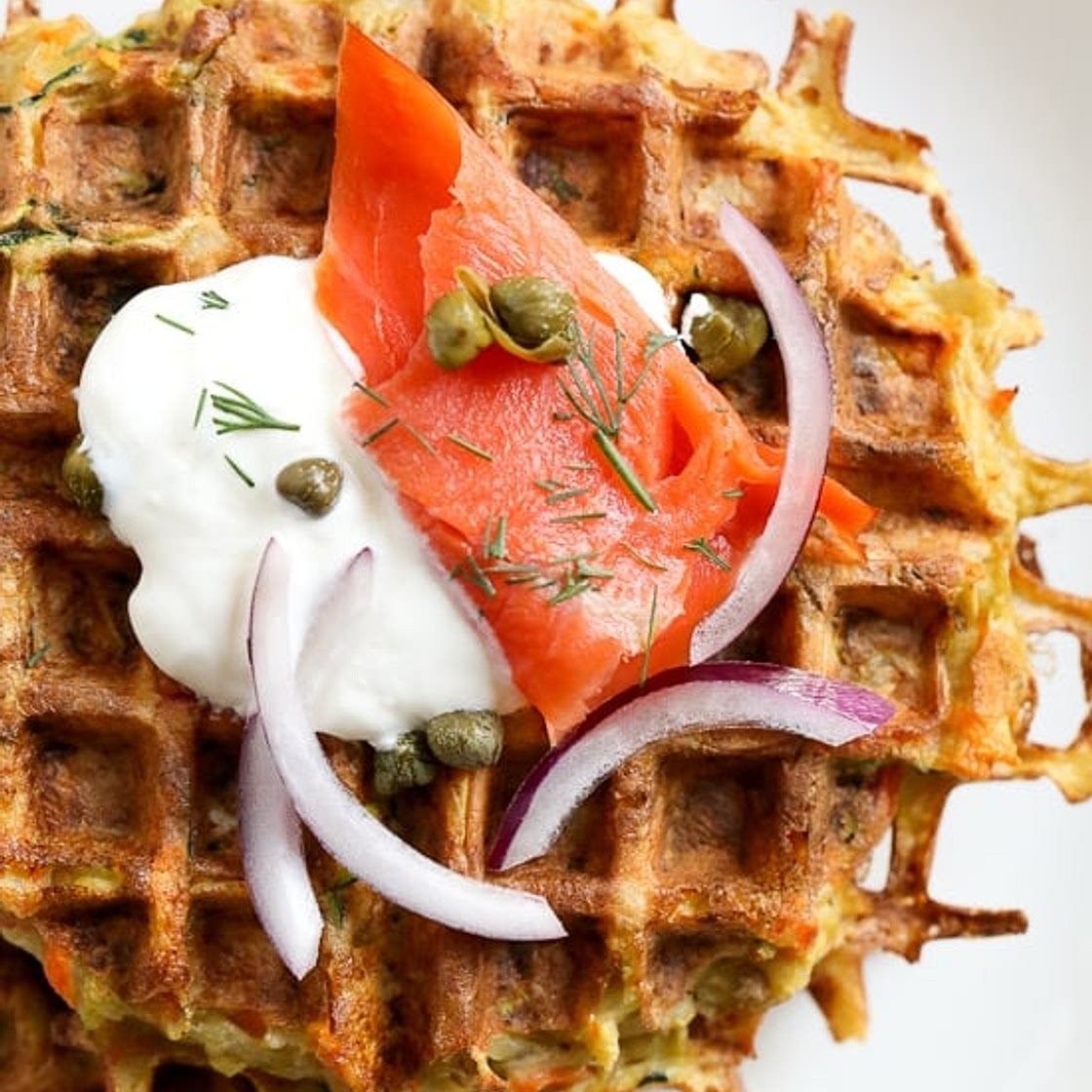 Veggie Latkelles (Waffled Latkes) with Lox