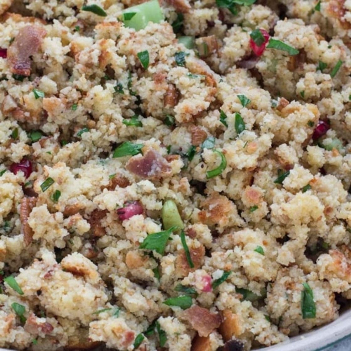 Cornbread Bacon Stuffing with Leeks, Pecans & Pomegranate