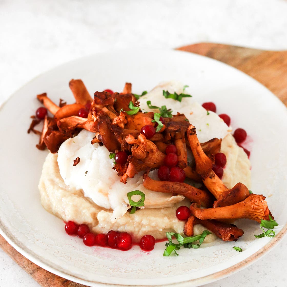 Baked Cod with Chanterelles & Lingonberries