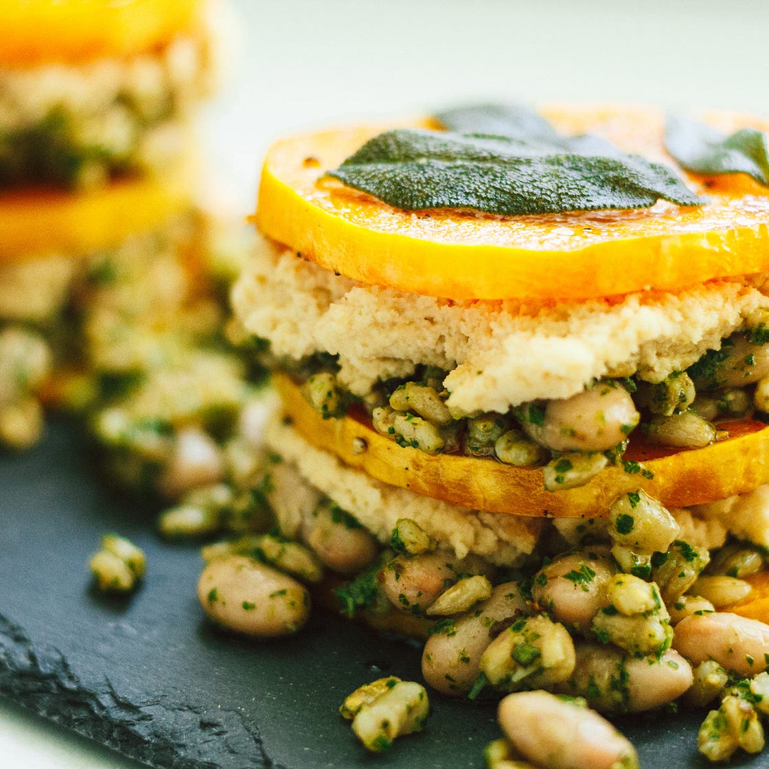 Butternut Stacks with Almond Ricotta and Sage Kale Pesto