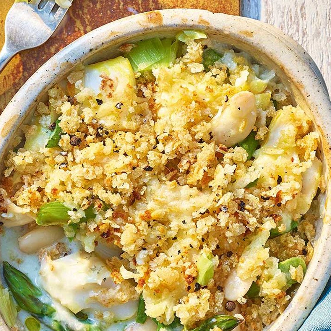 Smoked haddock, asparagus and bean gratin