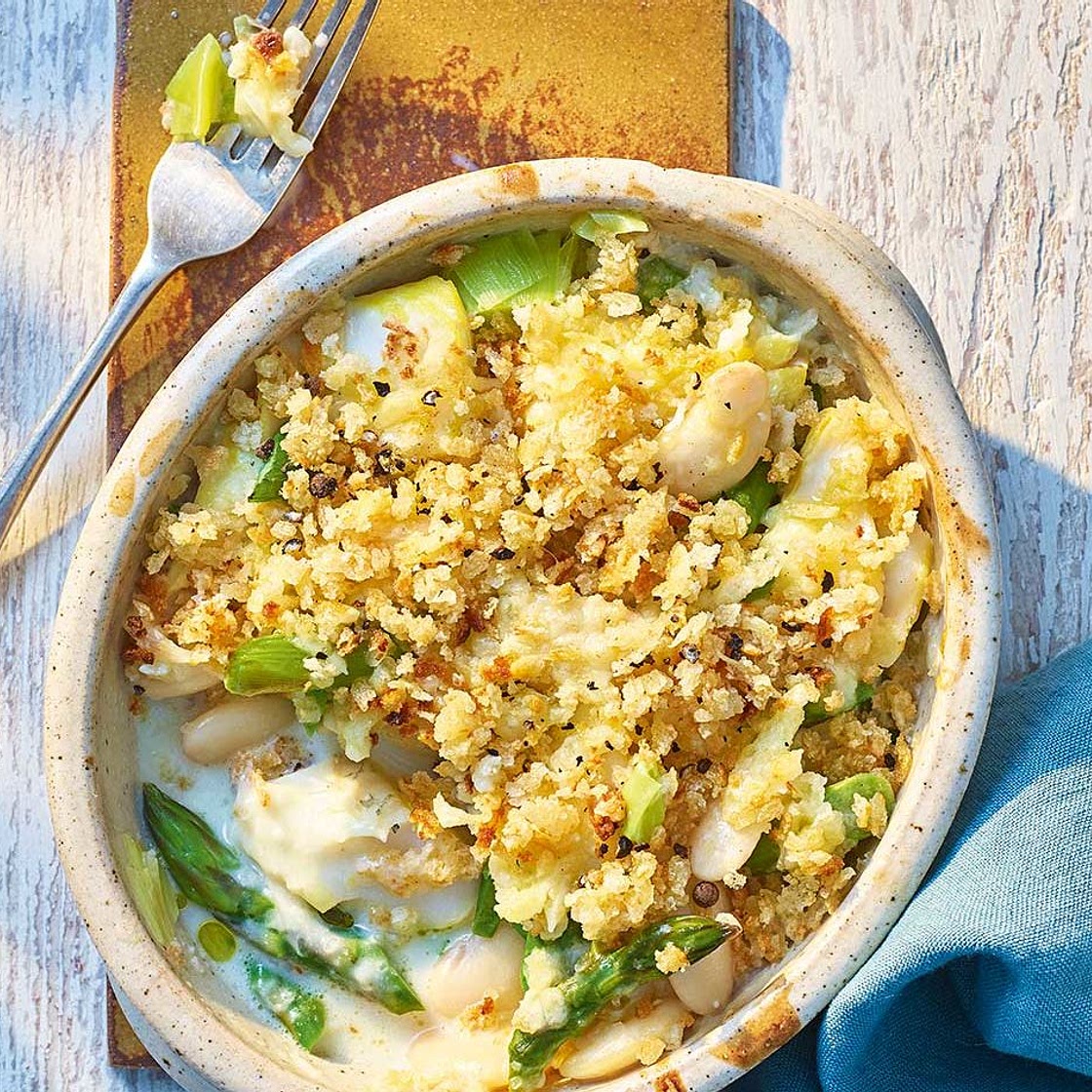 Smoked haddock, asparagus and bean gratin