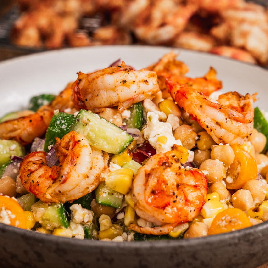 Chickpea salad with grilled prawns