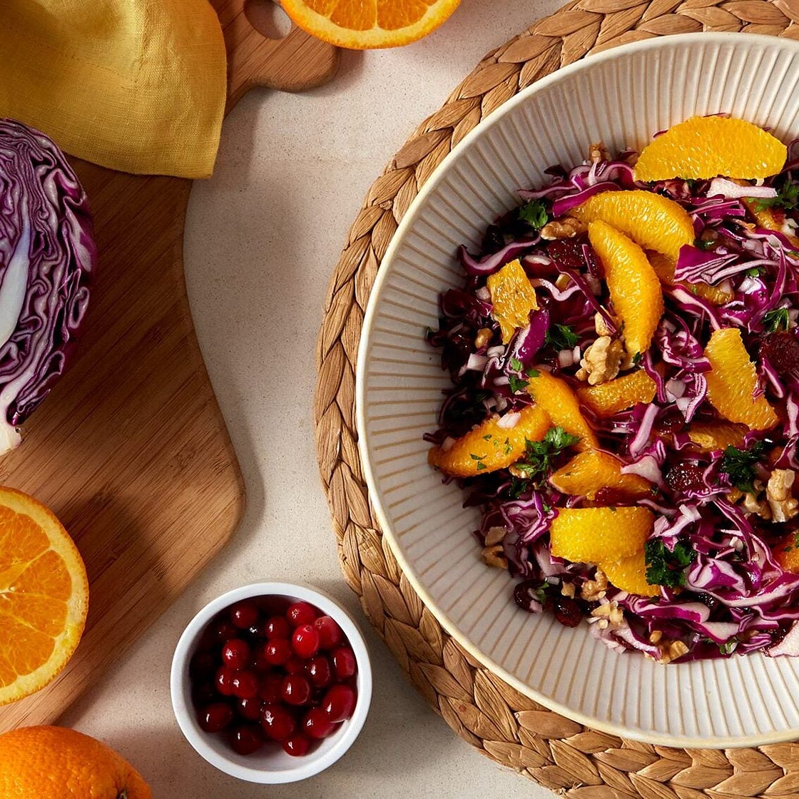 Red Cabbage Salad with Orange, Cranberries, and Walnuts