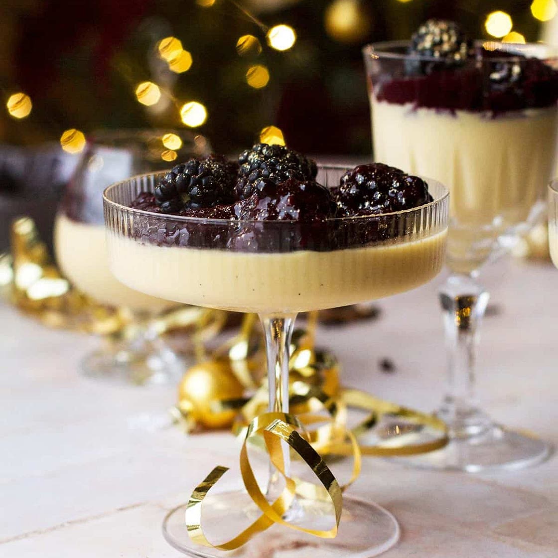 Blitzen’s Eggnog Panna Cotta with Blackberry Sauce