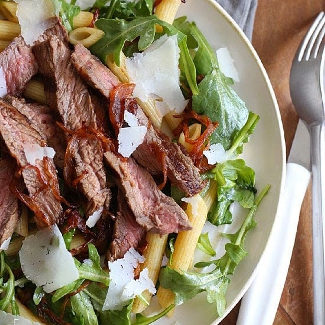 Steak & Caramelized Onions with Arugula and Penne