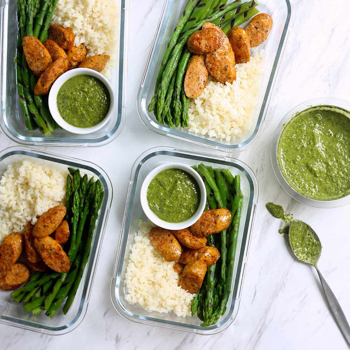 Cauliflower Rice Bowls with Grilled Asparagus & Chicken Sausage
