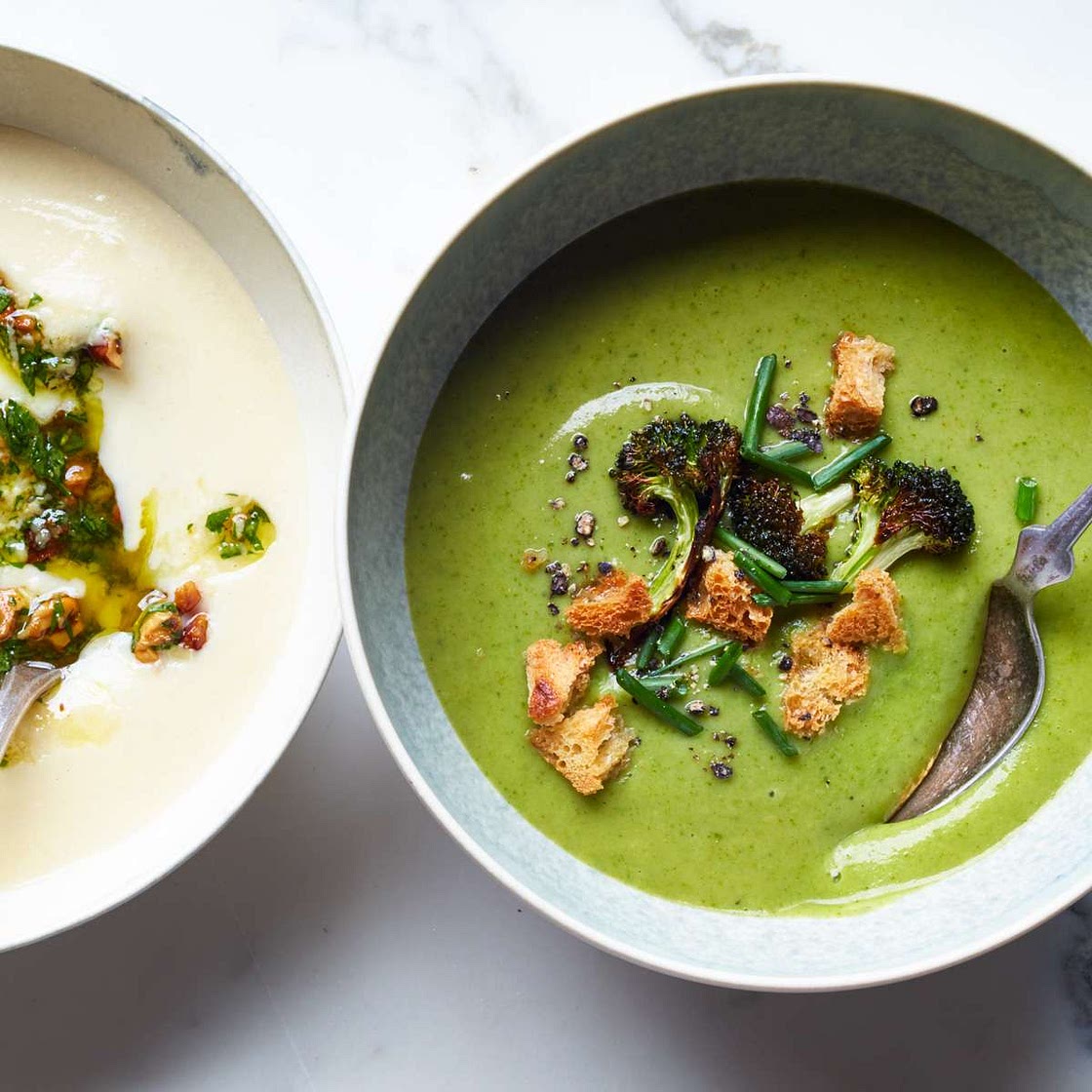 Broccoli-Spinach Soup with Crispy Broccoli Florets and Croutons