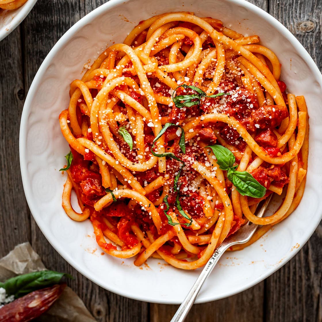 Bucatini all'Amatriciana with Chinese Sausage