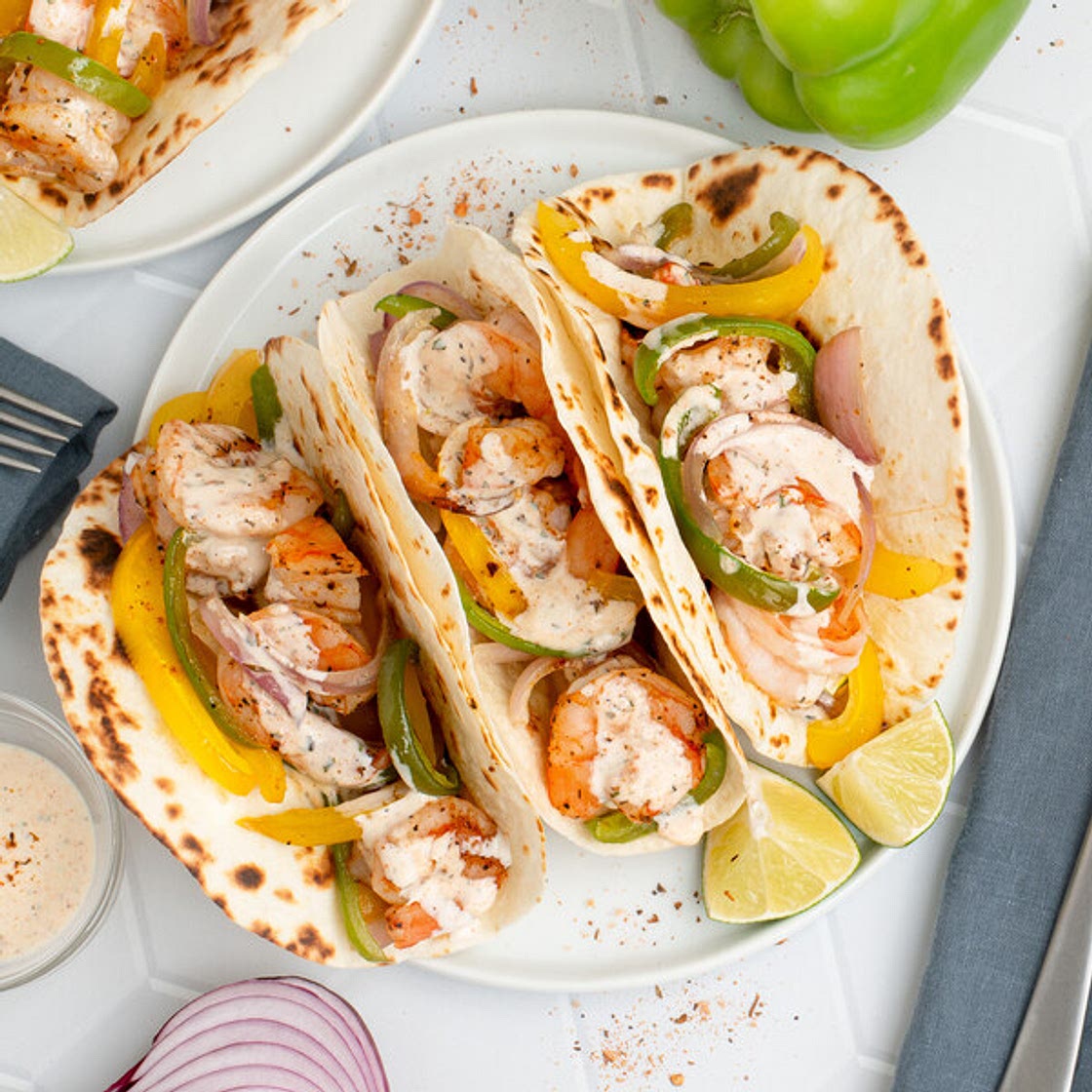 Sheet Pan Cajun Shrimp Fajitas with Bell Pepper, Onion & Spicy Ranch
