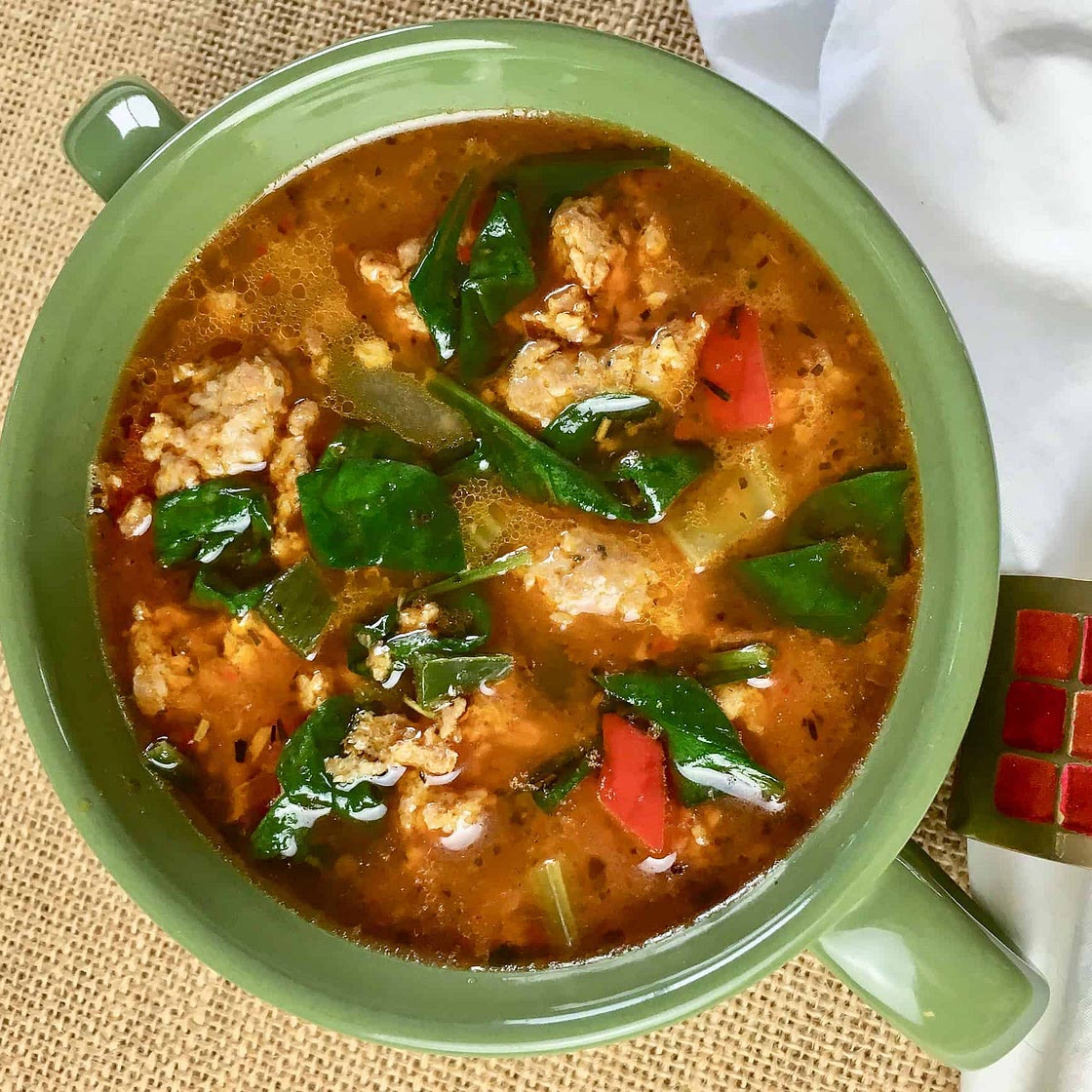 Keto Sausage Soup with Peppers and Spinach