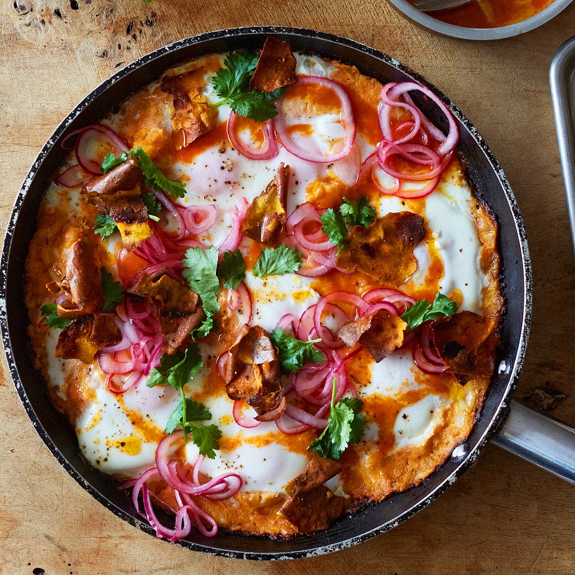 Sweet potato shakshuka with sriracha butter and pickled onions