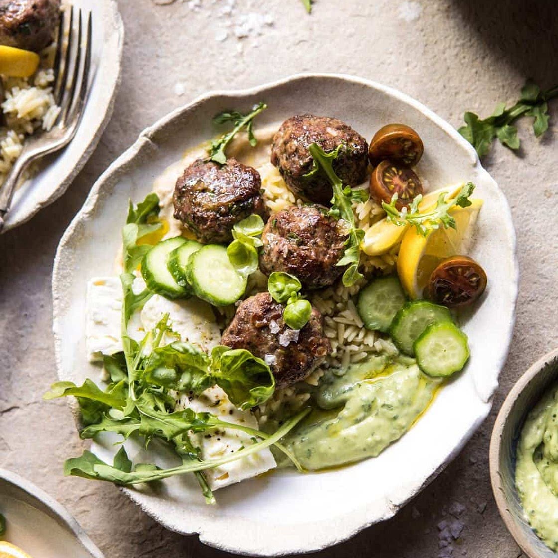 Greek Lamb Meatballs with Avocado Goddess Sauce