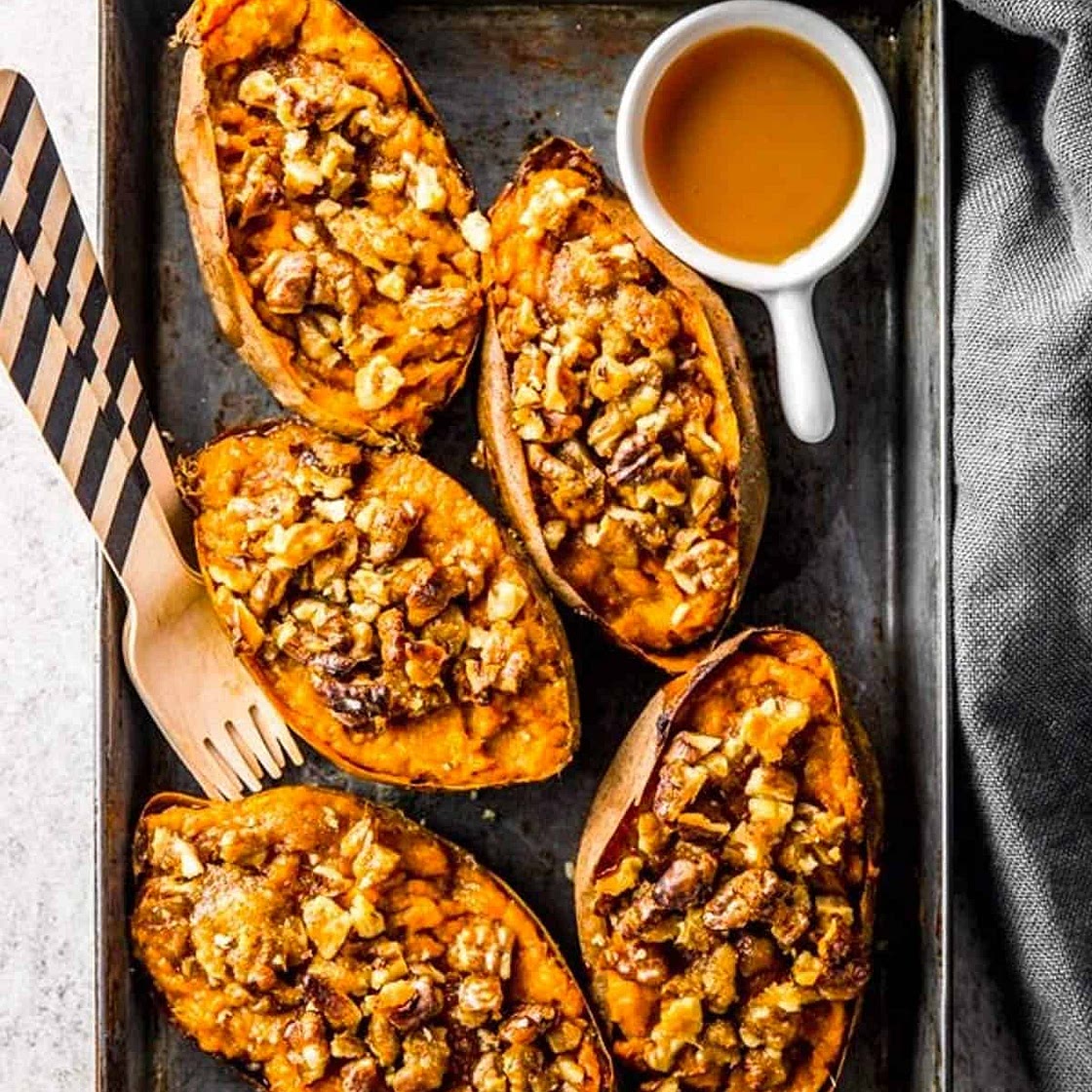 Maple Walnut Twice Baked Sweet Potato Skins