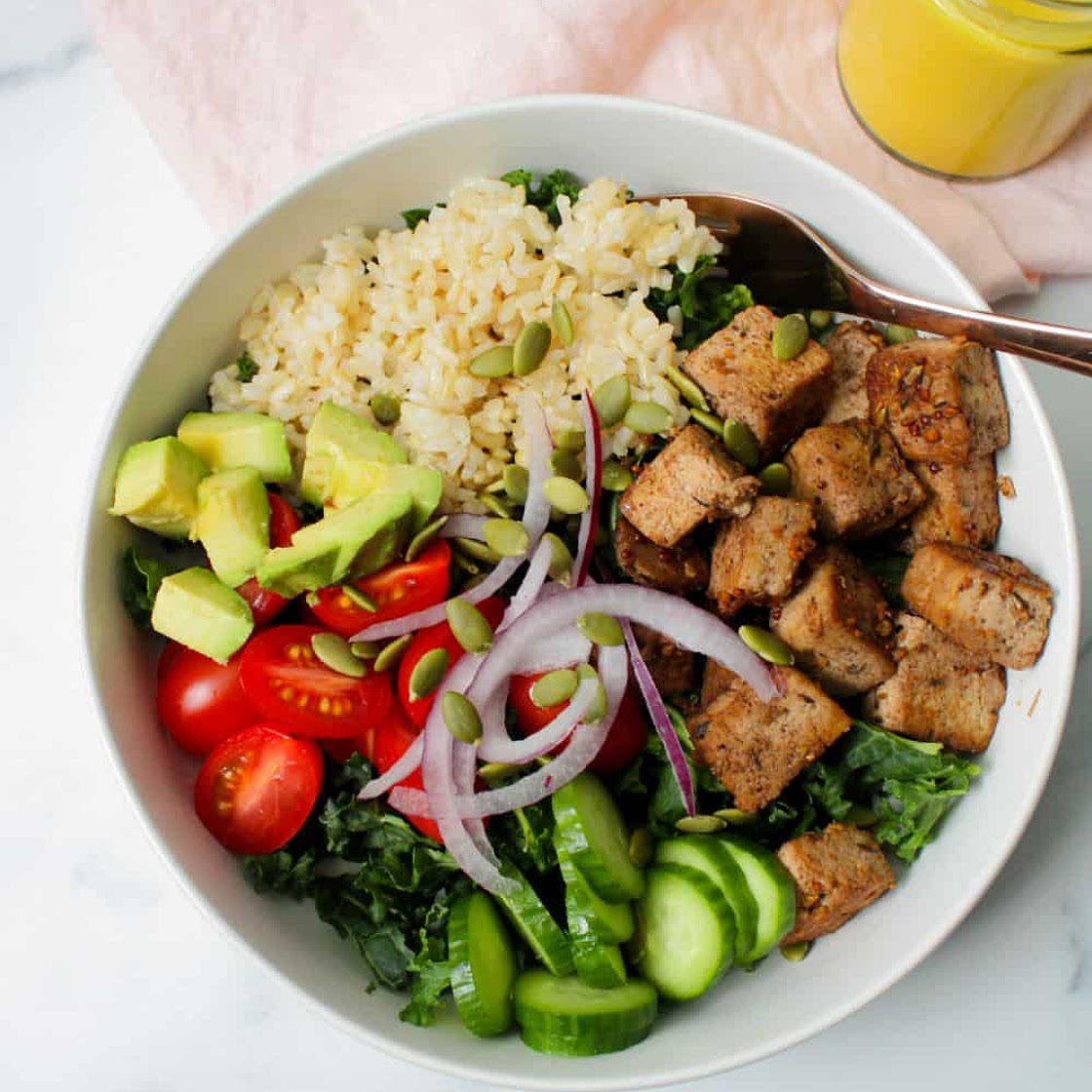 Jerk Tofu Bowls with Mango-Hummus Dressing