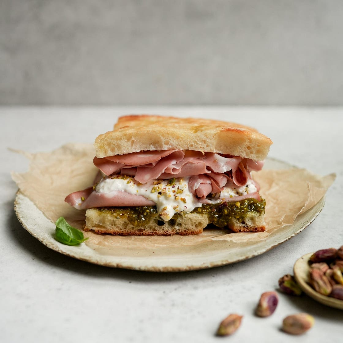 Mortadella Sandwich - With Burrata and Pistachio Pesto!