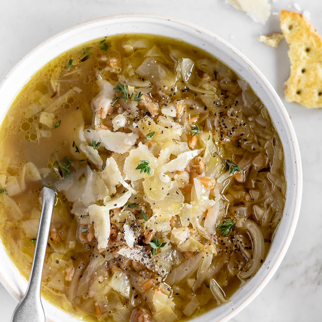 cabbage soup with farro and onion