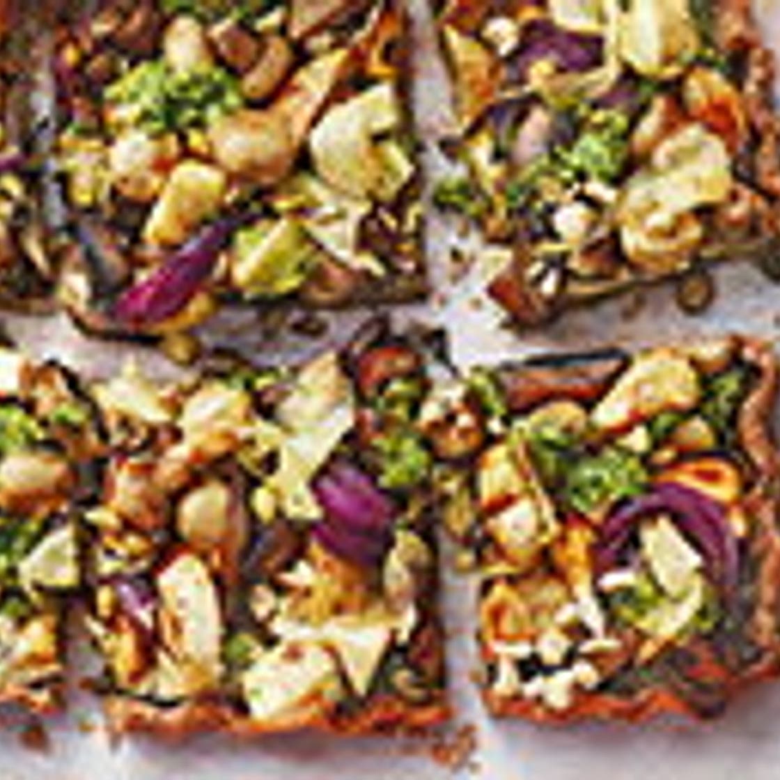 Mushroom nut roast tart with pesto