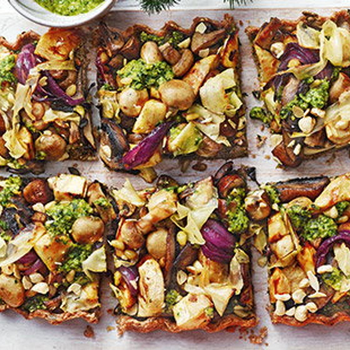 Mushroom nut roast tart with pesto