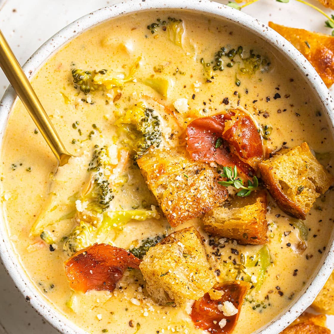 Broccoli Cheddar Soup with Sourdough Croutons