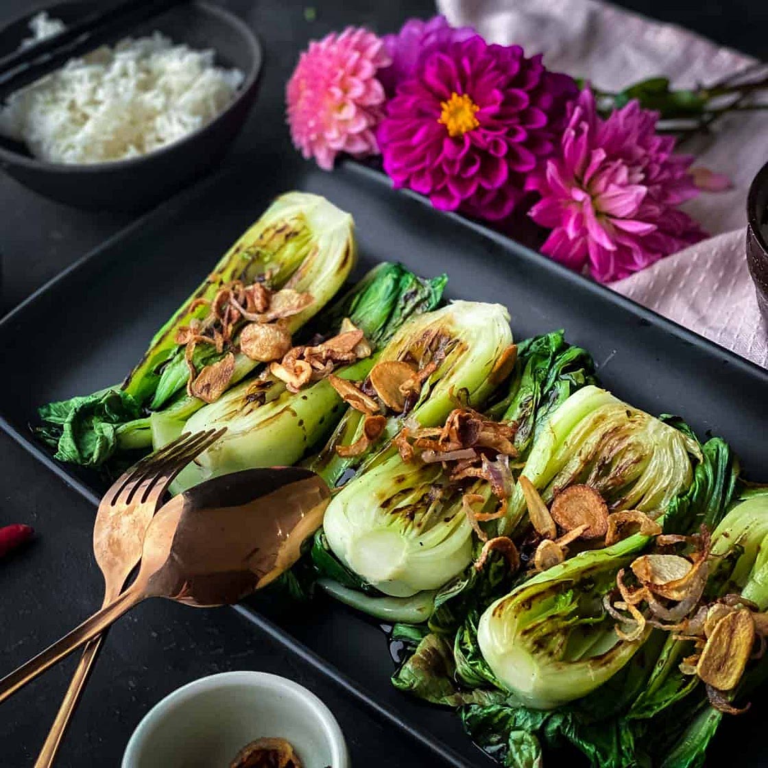 Grilled Bok Choy with Crispy Garlic