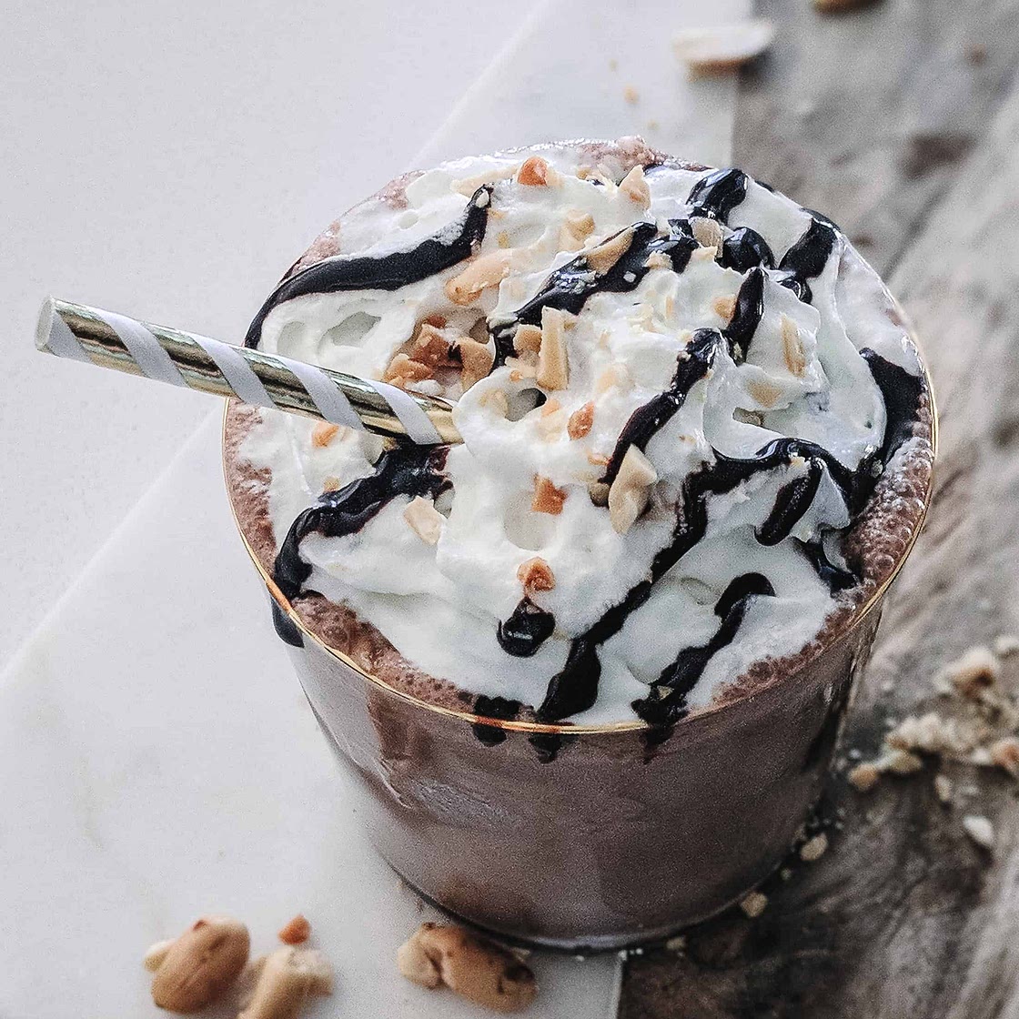 Boozy chocolate peanut butter milkshake with Clover Sonoma Ice Cream