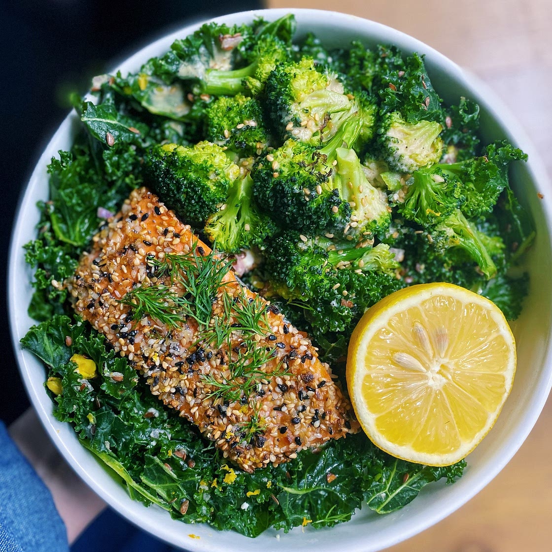 Kale Salad with Sesame Salmon, Broccoli and Lemon Tahini Dressing