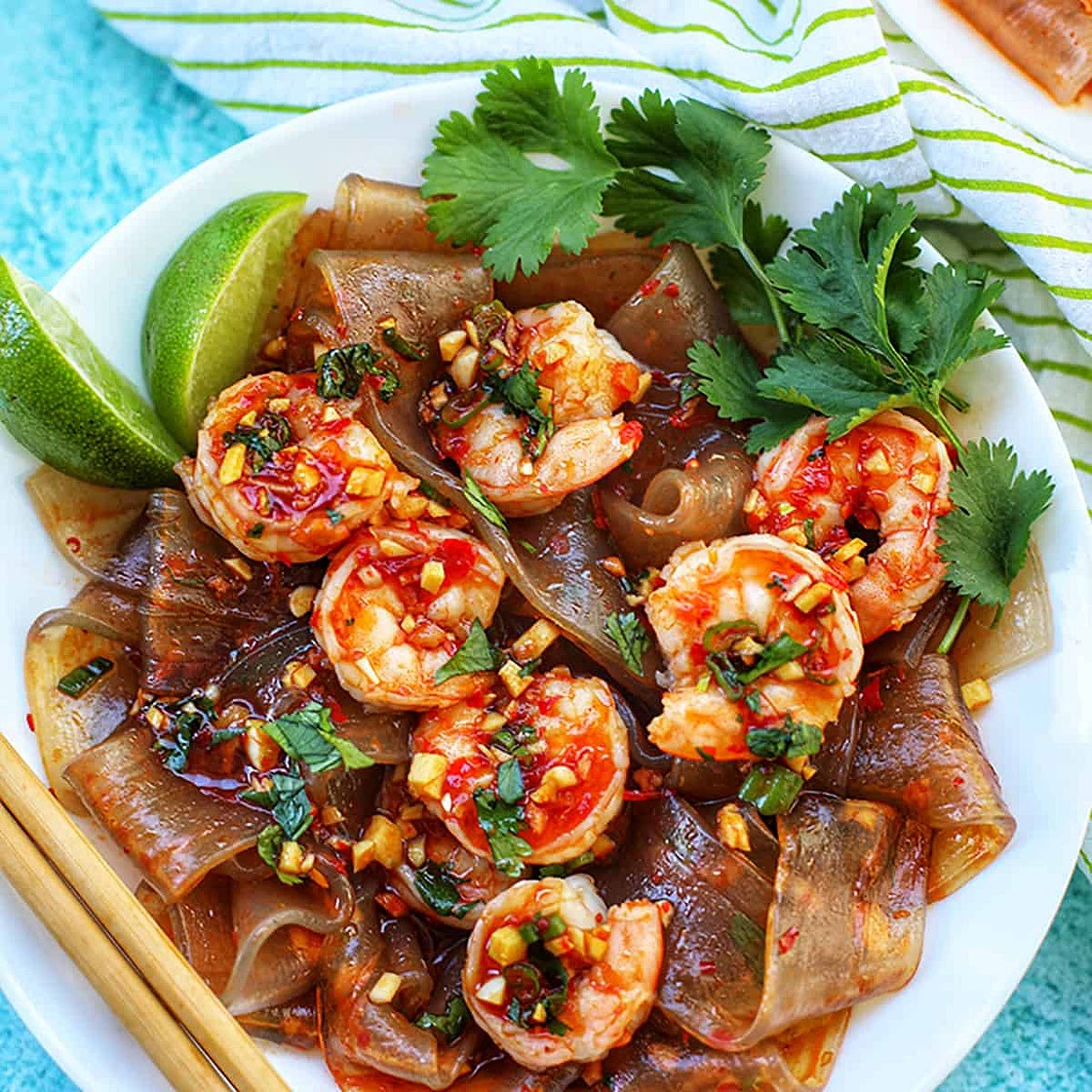 Wide Glass Noodles with Chili Lime Sauce and Shrimp