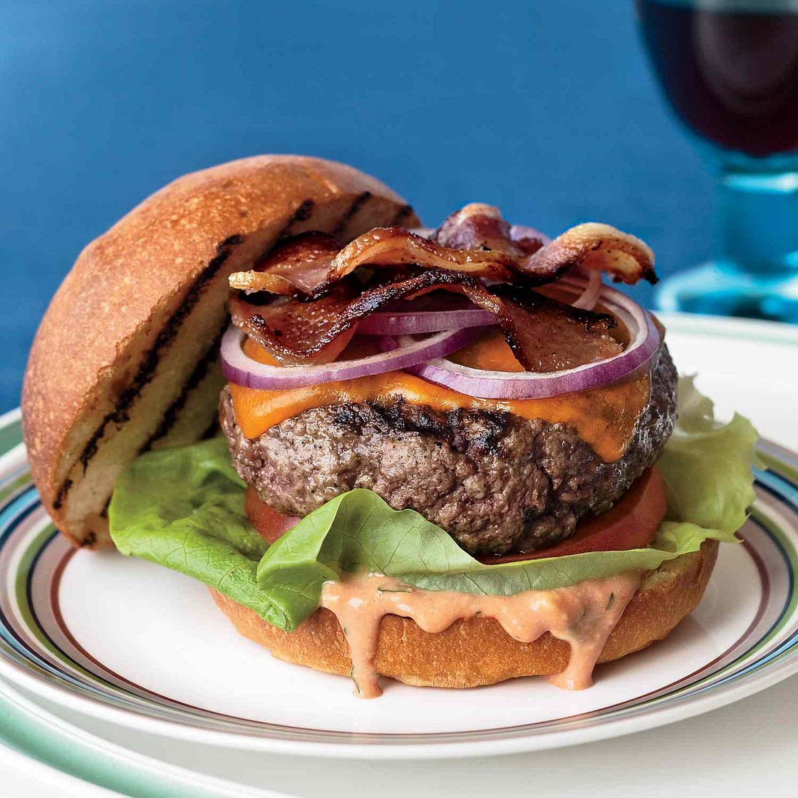 Cheddar BLT Burgers with Tarragon Russian Dressing