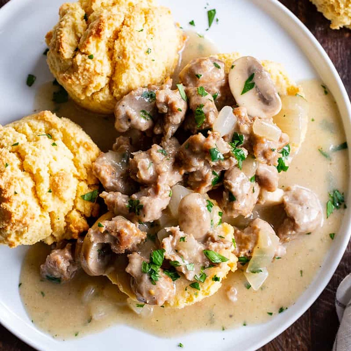Mushroom Sausage Gravy and Biscuits {Paleo, Keto}