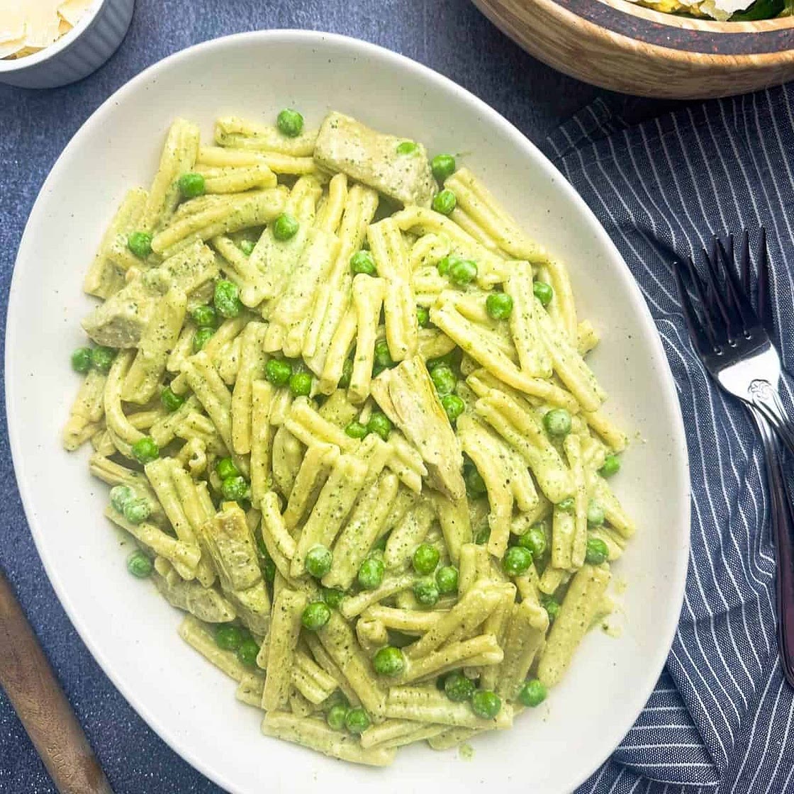Ricotta Pesto Pasta with Peas and Artichokes Recipe
