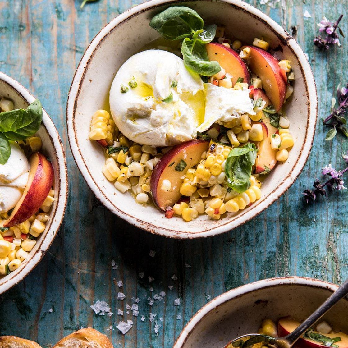 Spicy Corn, Peach, and Burrata Salad