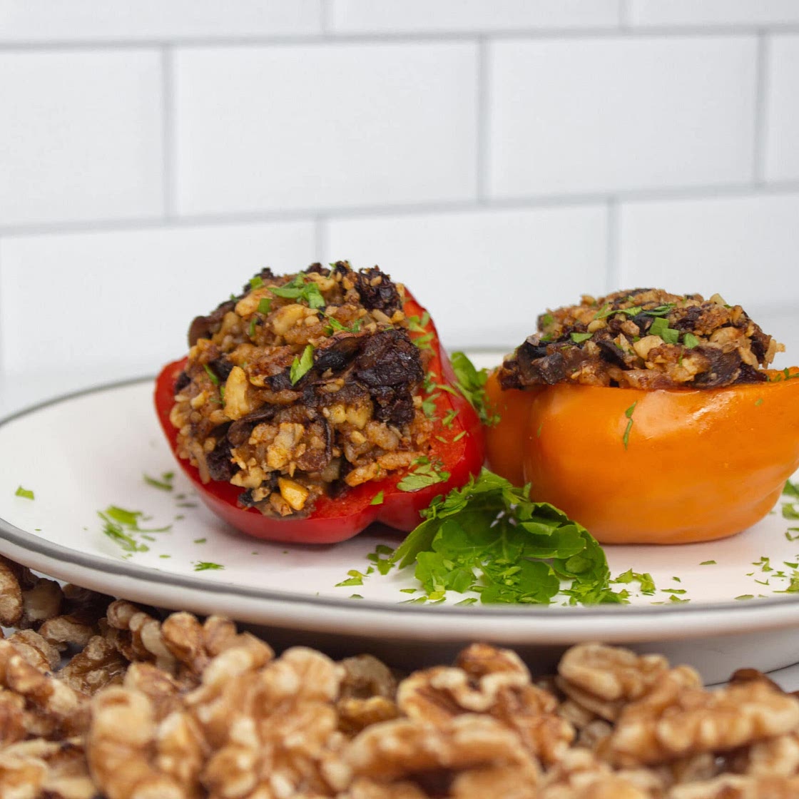 Walnut Meat Stuffed Bell Peppers with Sun Dried Tomatoes and Mushrooms