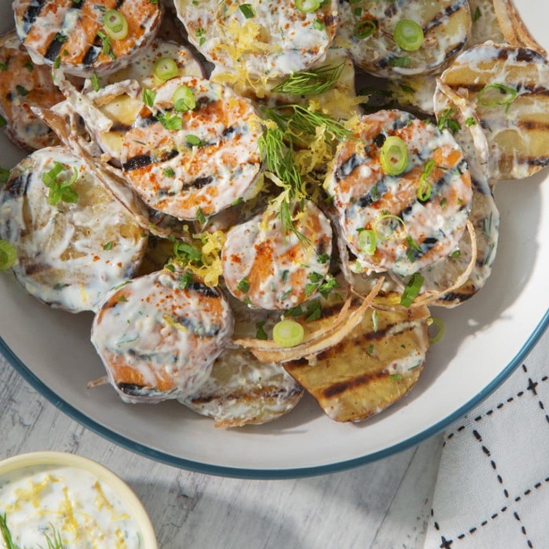 Creamy BBQ Potato Salad with Crispy Red Onions