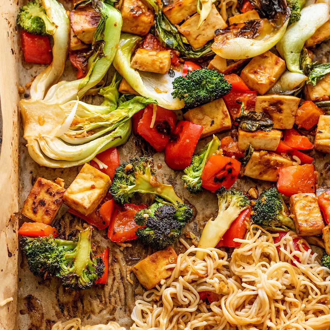 Sheet Pan Maple Soy Glazed Tofu and Noodles