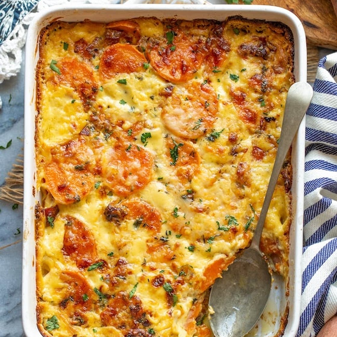 Scalloped Sweet Potatoes with Bacon and Cream Sauce