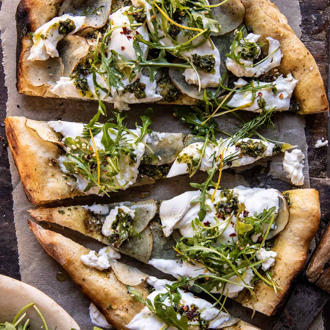 Pesto Potato Burrata Pizza with Spicy Arugula