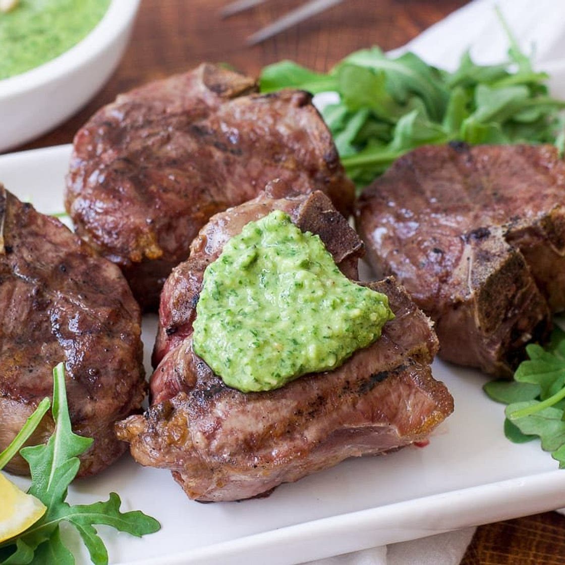 Grilled Lamb Chops with Rosemary-Arugula Pesto