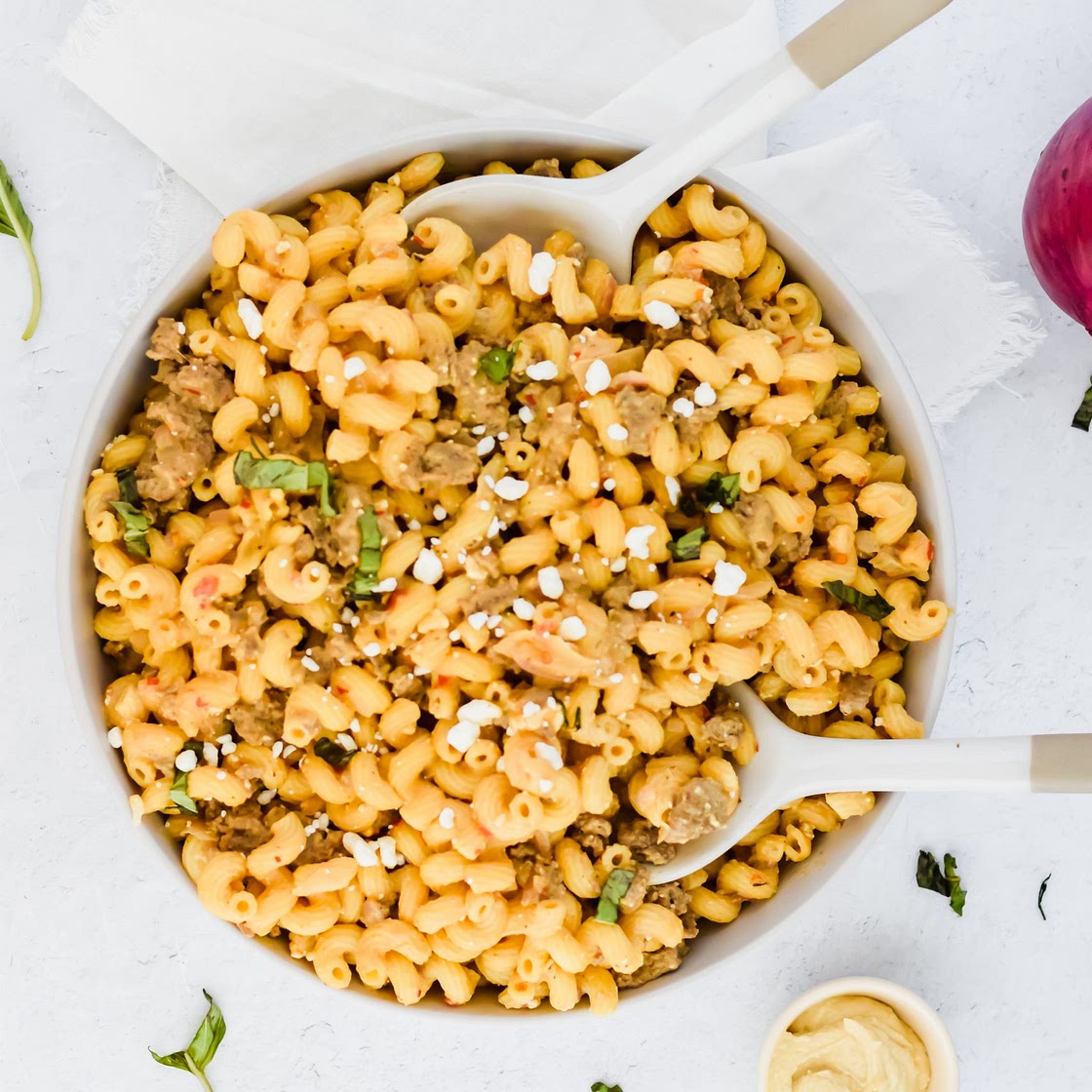 Spicy Sausage Hummus Pasta