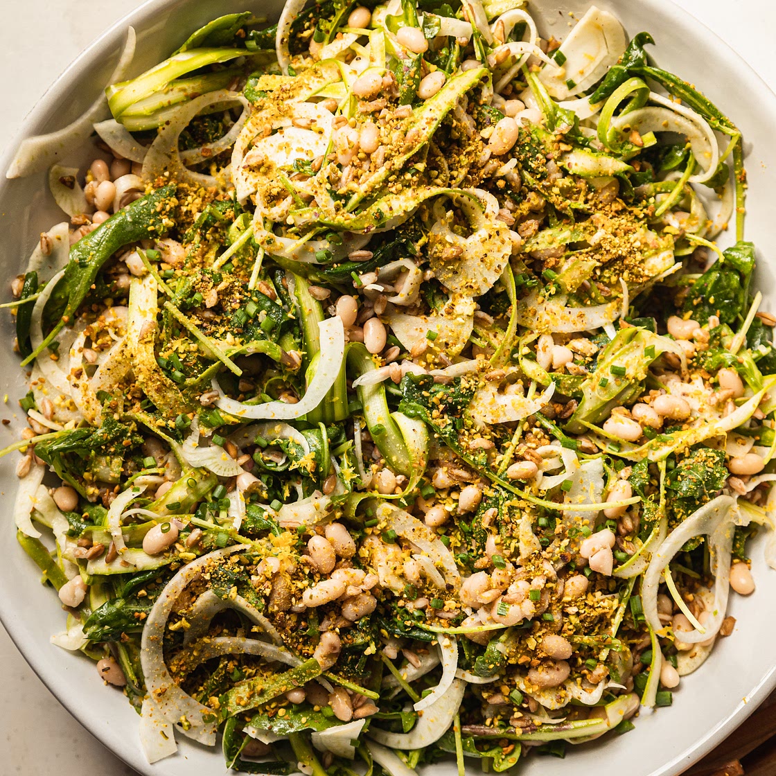 Lemony Shaved Fennel Asparagus Salad with White Beans