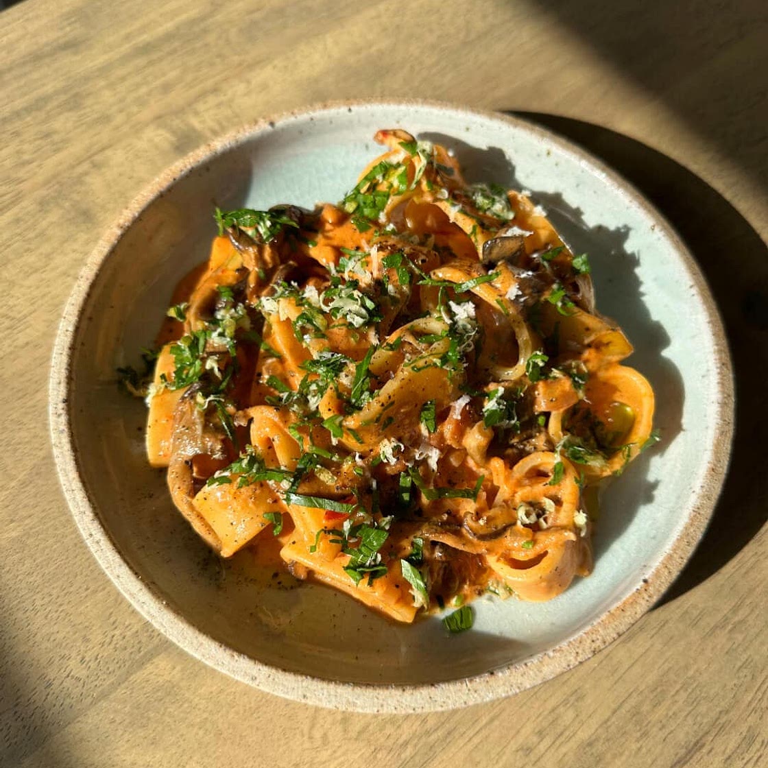 Calamarata with Mushrooms and Bacon (boscaiola)