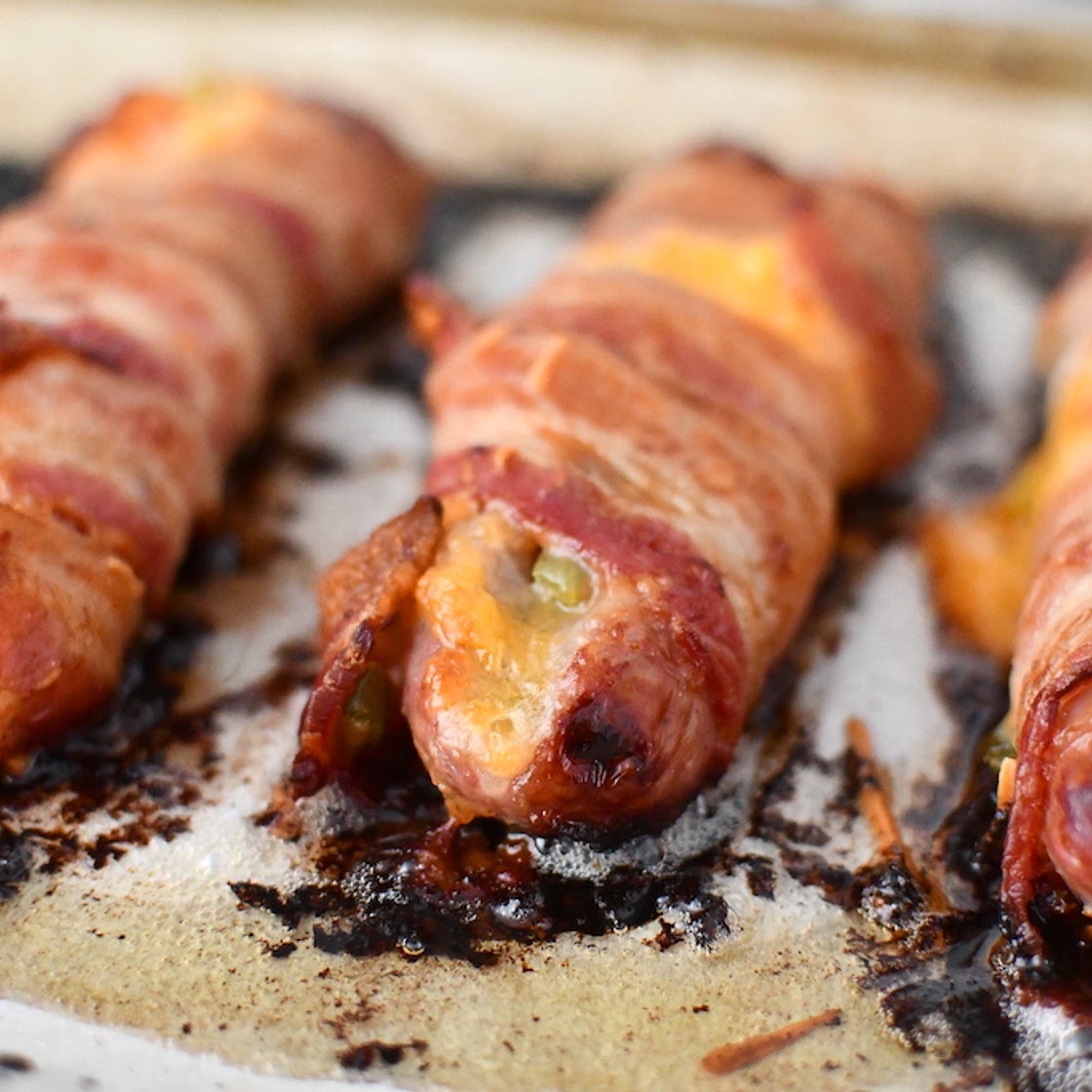 Bacon Wrapped Sausage Stuffed w/ Cheese and Jalapeños