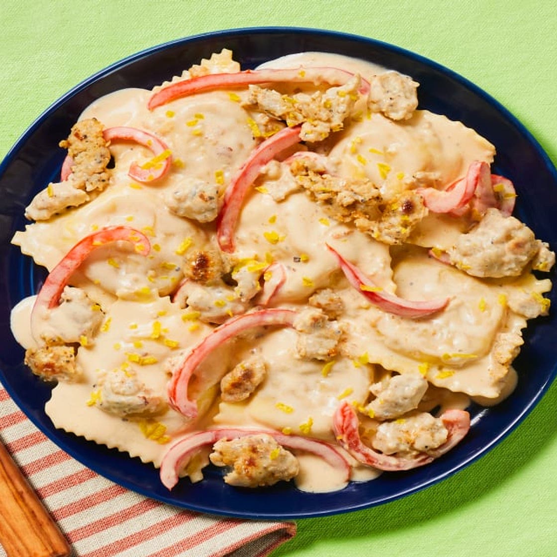 Tomato & Ricotta Stuffed Ravioli with Creamy Chicken Sausage