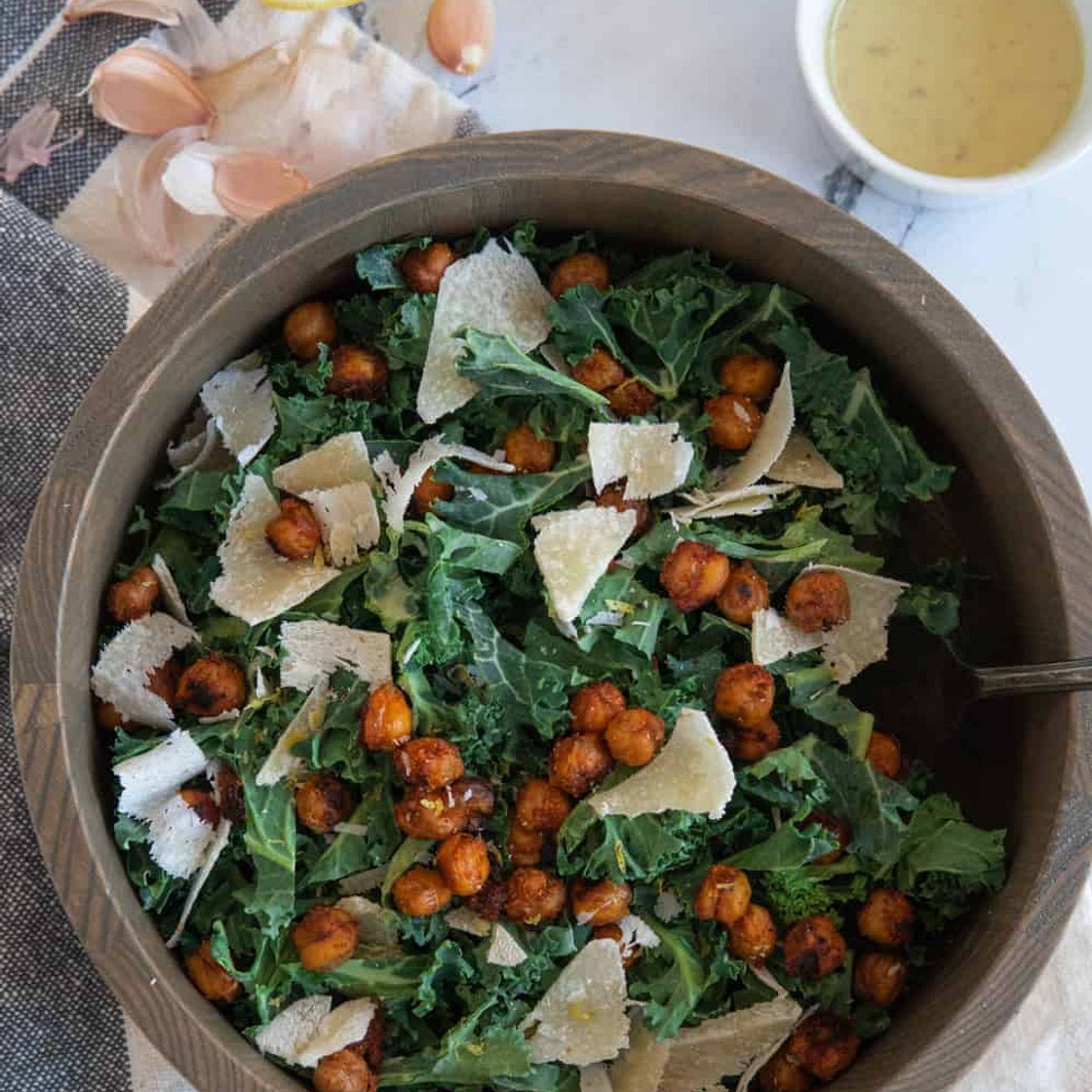 Kale Caesar Salad with Chickpea Croutons