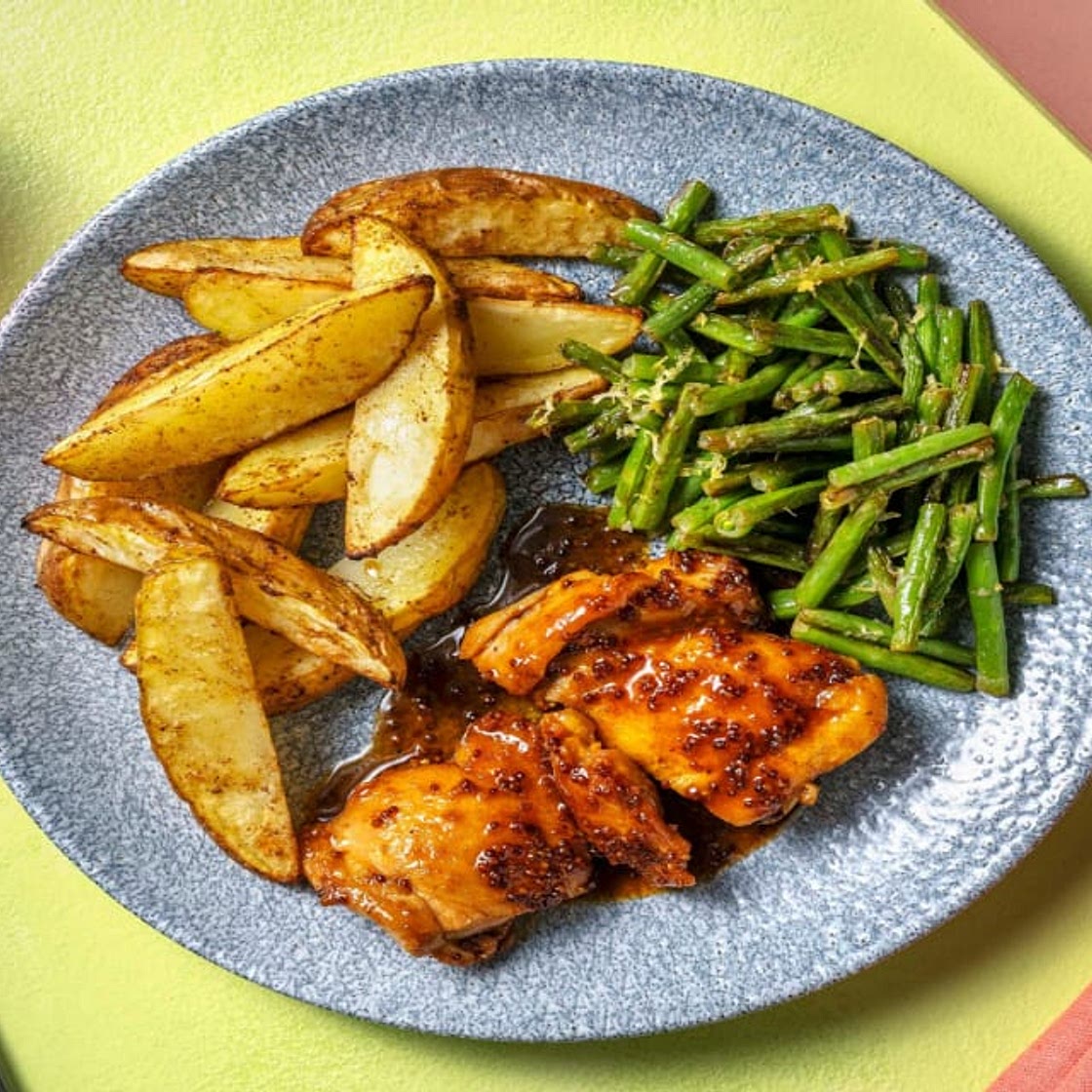 Maple-Mustard Glazed Chicken Breast with BBQ-Spiced Wedges and Green Beans